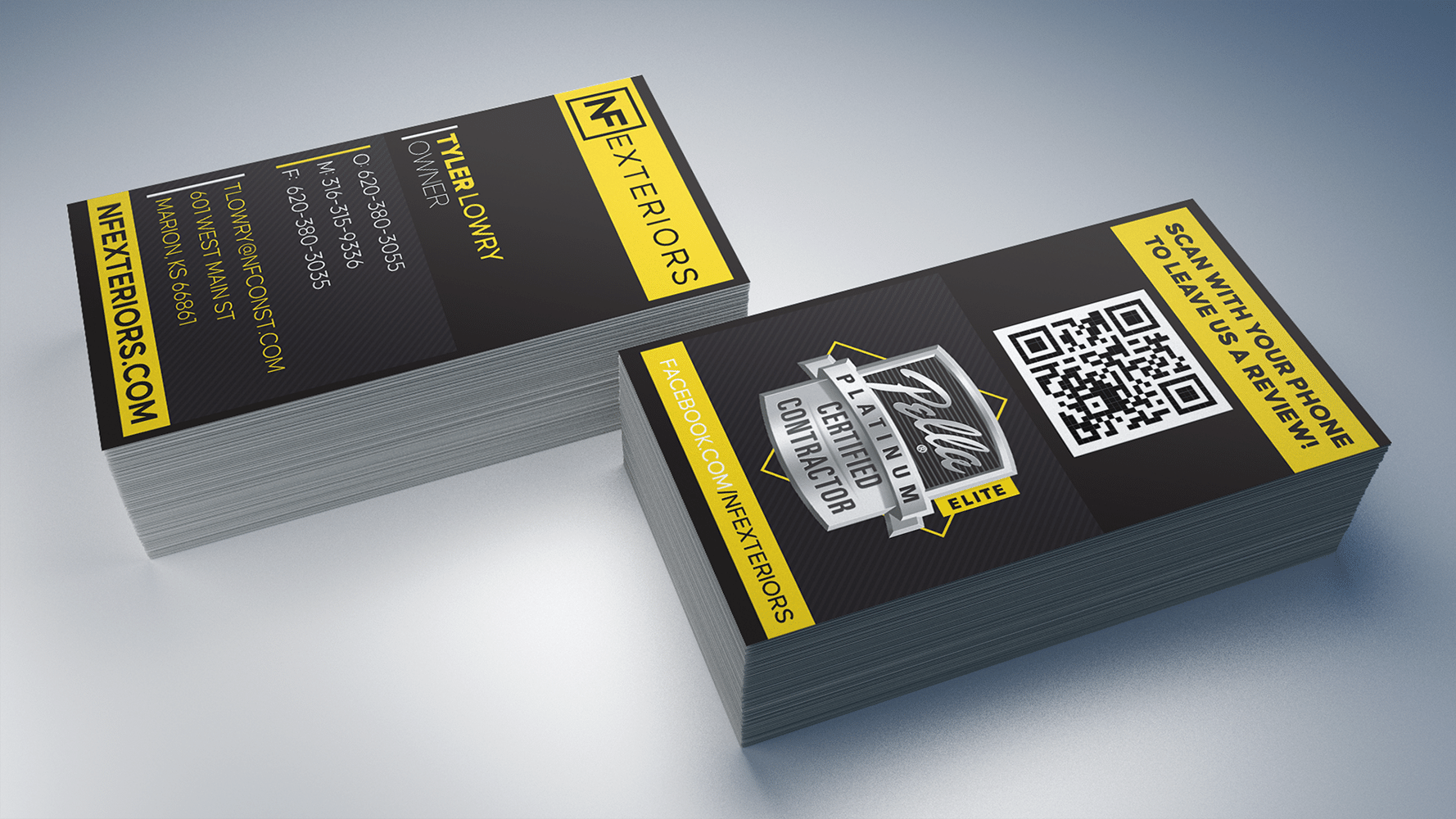 NF Exteriors business card and yard sign graphics